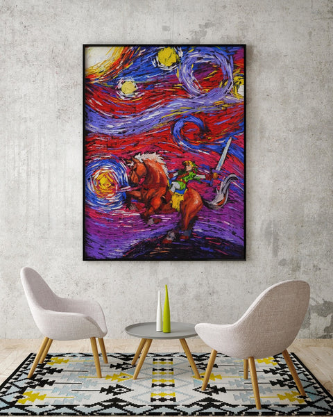 The Legend Of Zelda Sword Modern Link Van Gogh Starry Night Nursery Decor Canvas Print A040 - Aprilskys Workshop