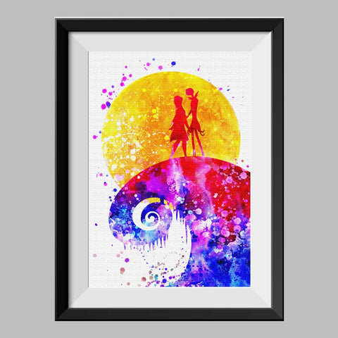 Jack and Sally Nightmare Before Christmas Watercolor Canvas Print Nursery Decor C042 - Aprilskys Workshop