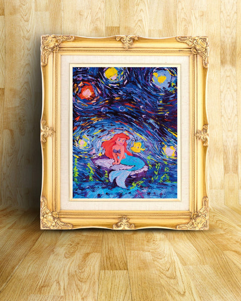 Ariel Princess The Little Mermaid Van Gogh Starry Night Nursery Decor Canvas Print A003 - Aprilskys Workshop