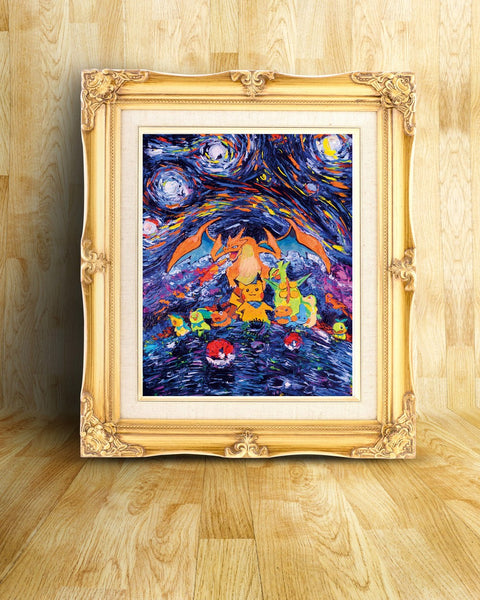 Pikachu and Dragon Van Gogh Starry Night Nursery Decor Canvas Print A004 - Aprilskys Workshop