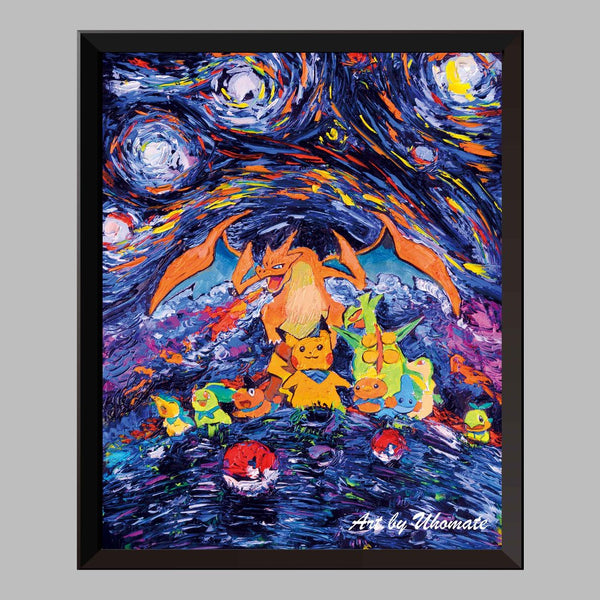 Pikachu and Dragon Van Gogh Starry Night Nursery Decor Canvas Print A004 - Aprilskys Workshop