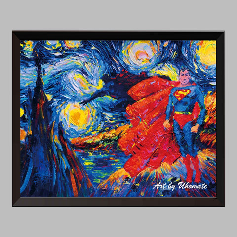 Superhero Superman Van Gogh Starry Night Nursery Decor Canvas Print A007 - Aprilskys Workshop