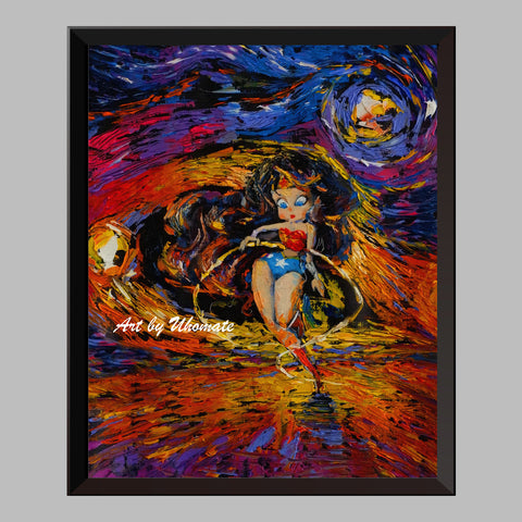 Wonder Woman Van Gogh Starry Night Nursery Decor Canvas Print A011 - Aprilskys Workshop