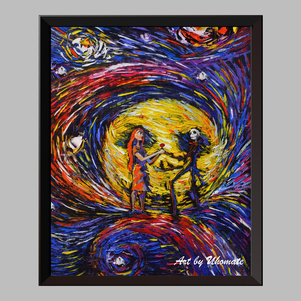 Jack and Sally Nightmare Before Christmas Van Gogh Starry Night Nursery Decor Canvas Print A020 - Aprilskys Workshop