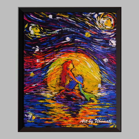 Princess Ariel The Little Mermaid Van Gogh Starry Night Nursery Decor Canvas Print A026 - Aprilskys Workshop