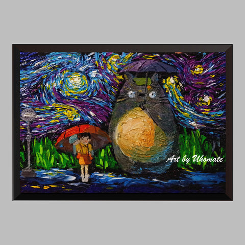 My Neighbor Totoro Rain Hayao Miyazaki Van Gogh Starry Night Nursery Decor Canvas Print A045 - Aprilskys Workshop