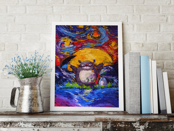 My Neighbor Totoro Moonlight Hayao Miyazaki Van Gogh Starry Night Nursery Decor Canvas Print A046 - Aprilskys Workshop