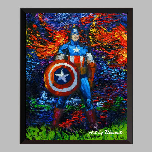Superhero Captain America Van Gogh Starry Night Nursery Decor Canvas Print A062 - Aprilskys Workshop