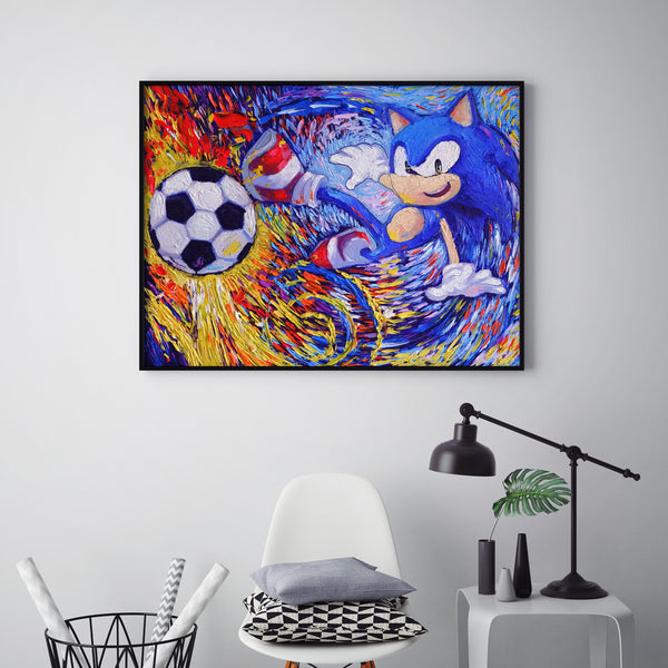 Sonic the Hedgehog Playing Soccer Van Gogh Starry Night Nursery Decor Canvas Print A074 - Aprilskys Workshop
