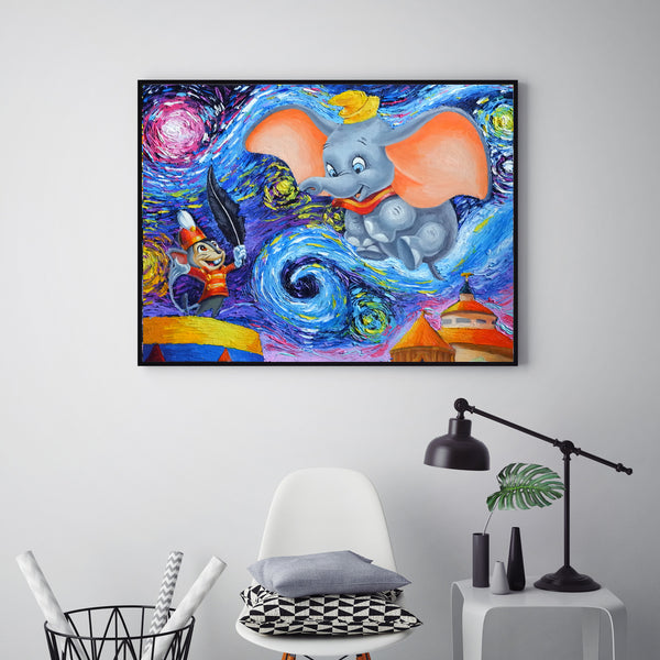 Dumbo Flying Elephant Van Gogh Starry Night Nursery Decor Canvas Print A089 - Aprilskys Workshop