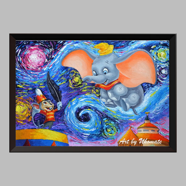 Dumbo Flying Elephant Van Gogh Starry Night Nursery Decor Canvas Print A089 - Aprilskys Workshop