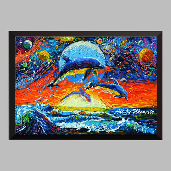 Dolphins in Space Dolphin Van Gogh Starry Night Nursery Decor Canvas Print A093 - Aprilskys Workshop