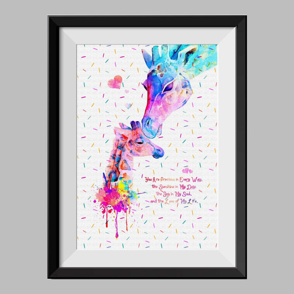Baby Giraffe with Momma African Animal Watercolor Canvas Print Inspirational Quotes C060 - Aprilskys Workshop