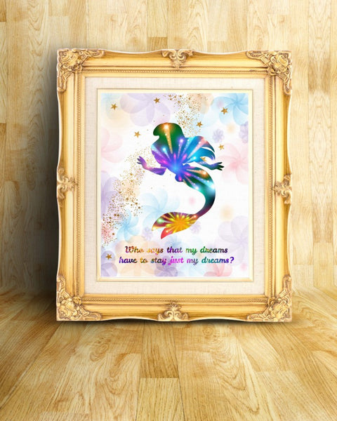 Princess Ariel The Little Mermaid Watercolor Canvas Print  Nursery Decor Inspirational Quotes C075 - Aprilskys Workshop