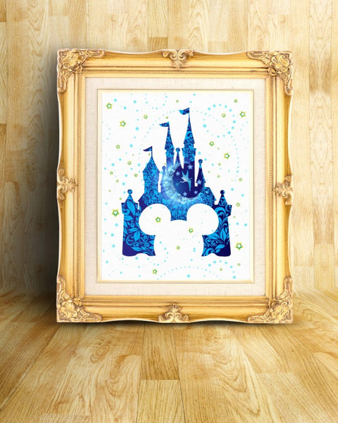 Tinkerbell Peter Pan Princess Cinderella Castle Watercolor Canvas Print Nursery Decor C092 - Aprilskys Workshop